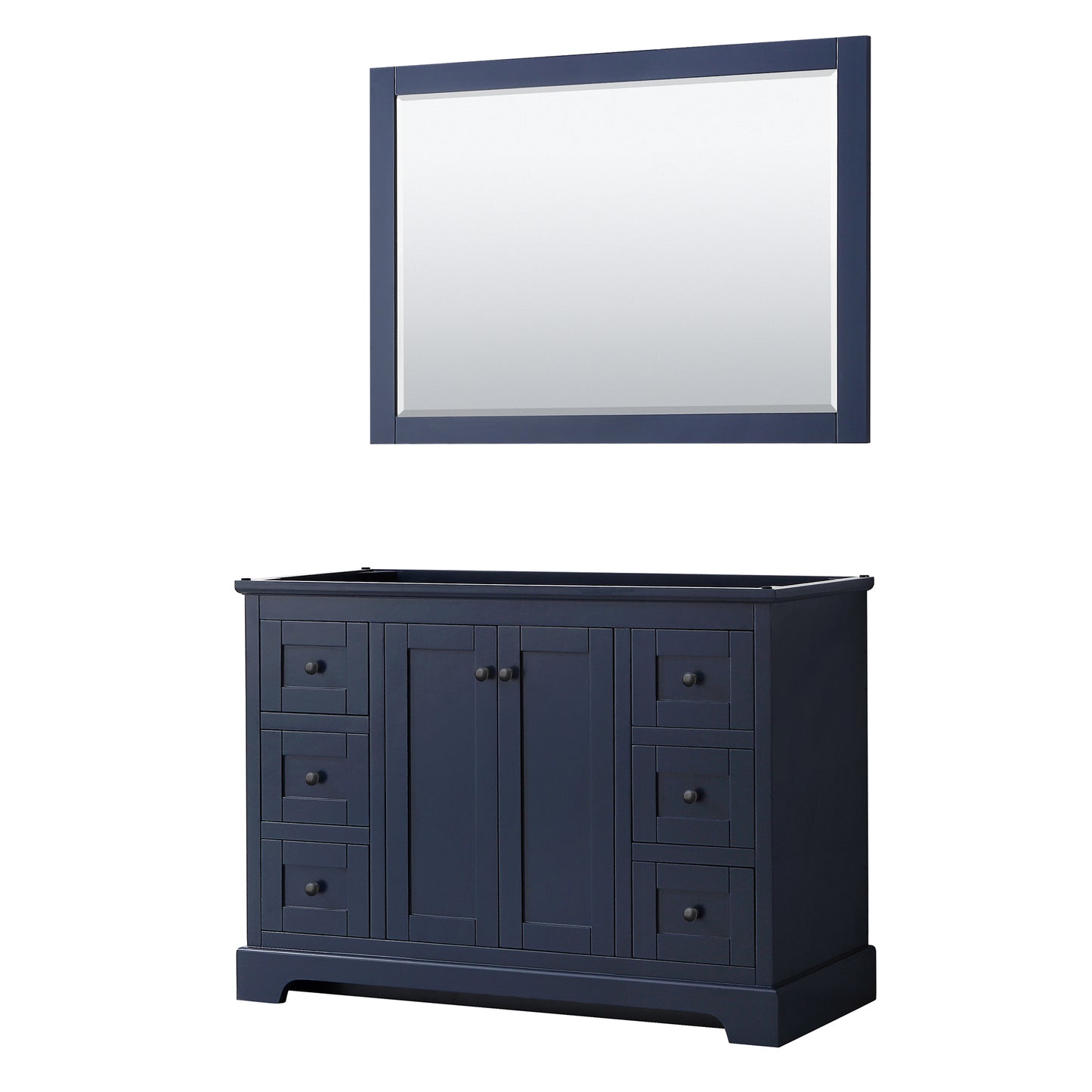 Avery 48 Inch Single Bathroom Vanity in Dark Blue, No Countertop, No Sink, Matte Black Trim, 46 Inch Mirror
