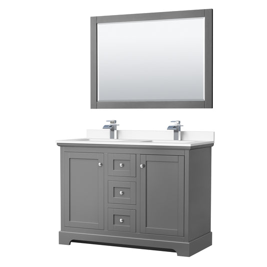 Avery 48 Inch Double Bathroom Vanity in Dark Gray, White Cultured Marble Countertop, Undermount Square Sinks, 46 Inch Mirror
