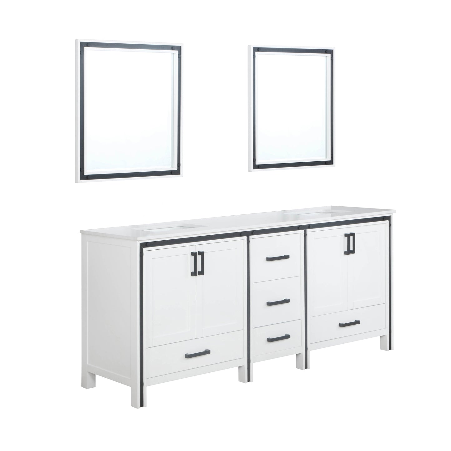 Ziva 80" White Double Vanity, Cultured Marble Top, White Square Sink and 30" Mirrors