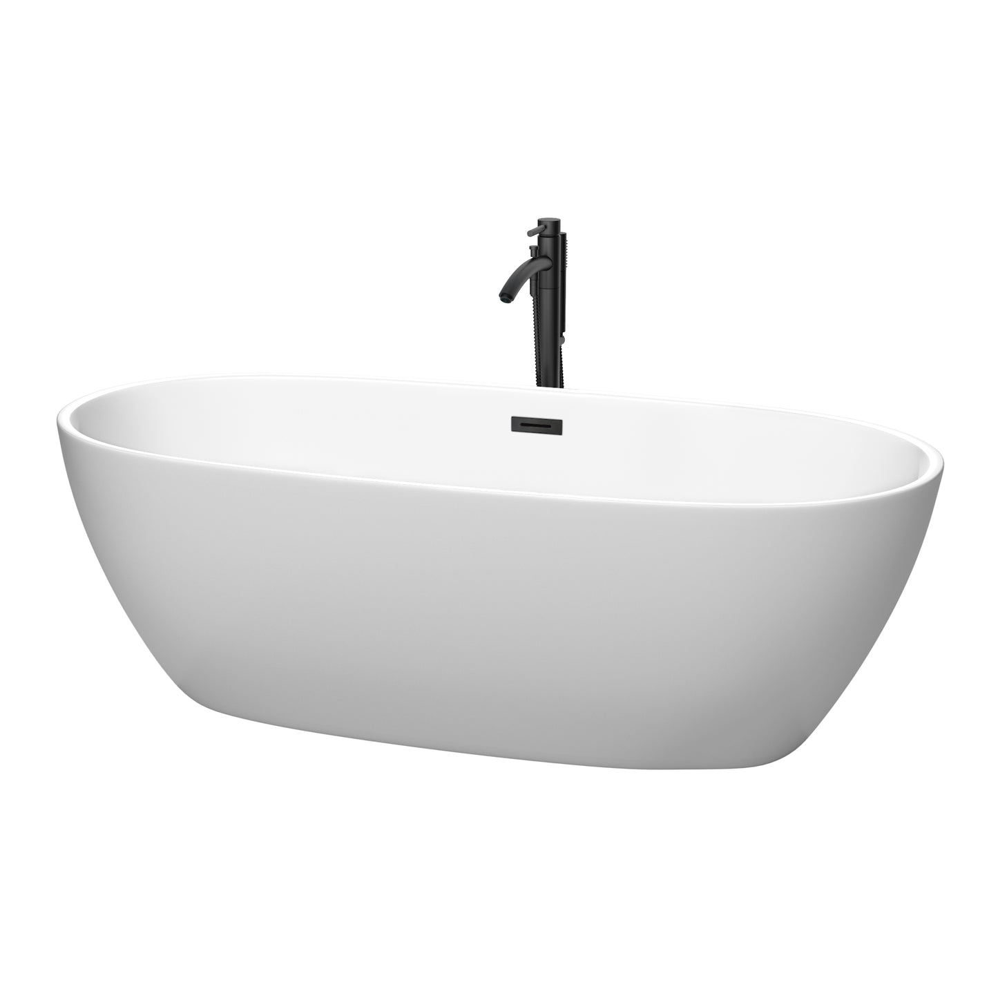 Juno 71 Inch Freestanding Bathtub in Matte White with Floor Mounted Faucet, Drain and Overflow Trim in Matte Black
