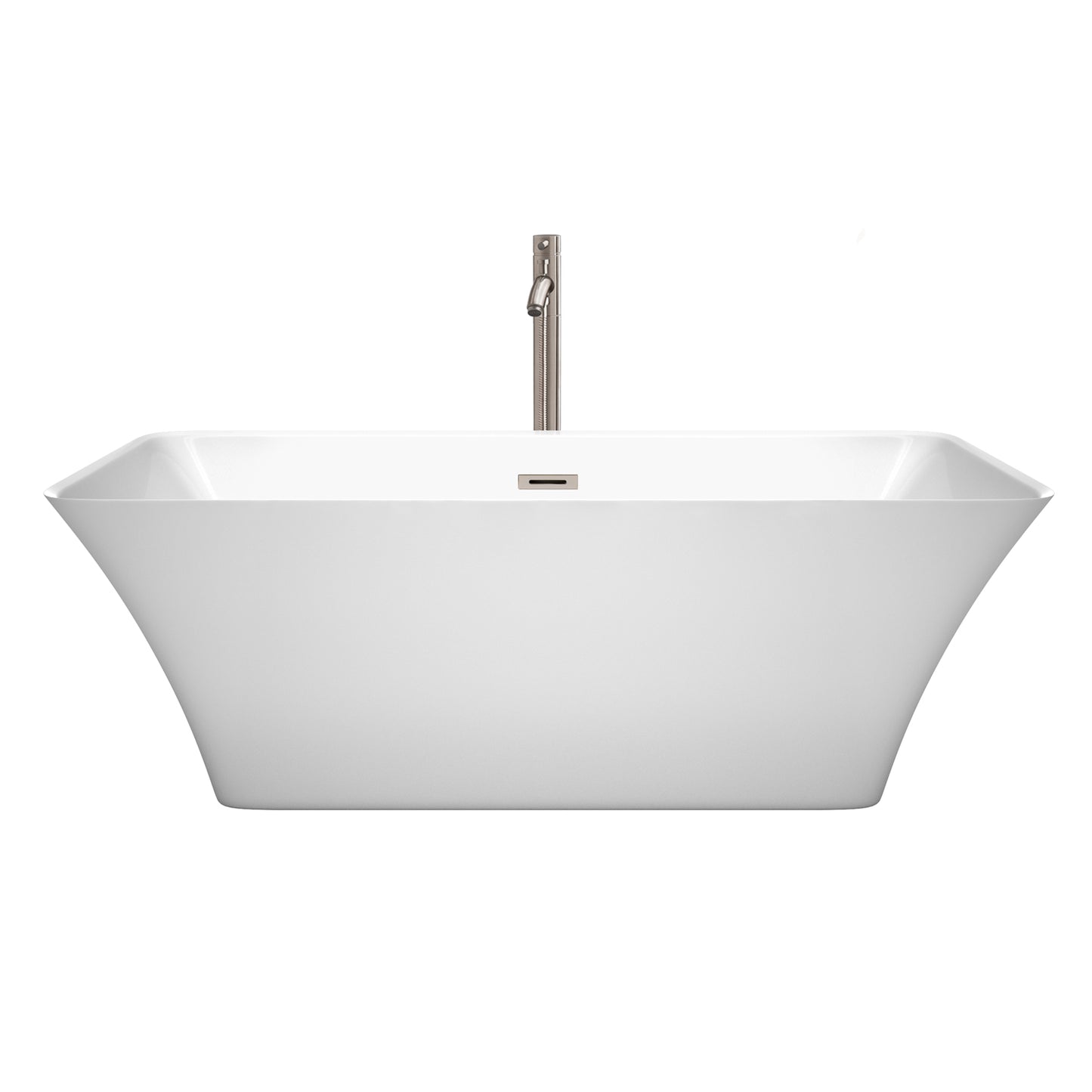 Tiffany 67 Inch Freestanding Bathtub in White with Floor Mounted Faucet, Drain and Overflow Trim in Brushed Nickel