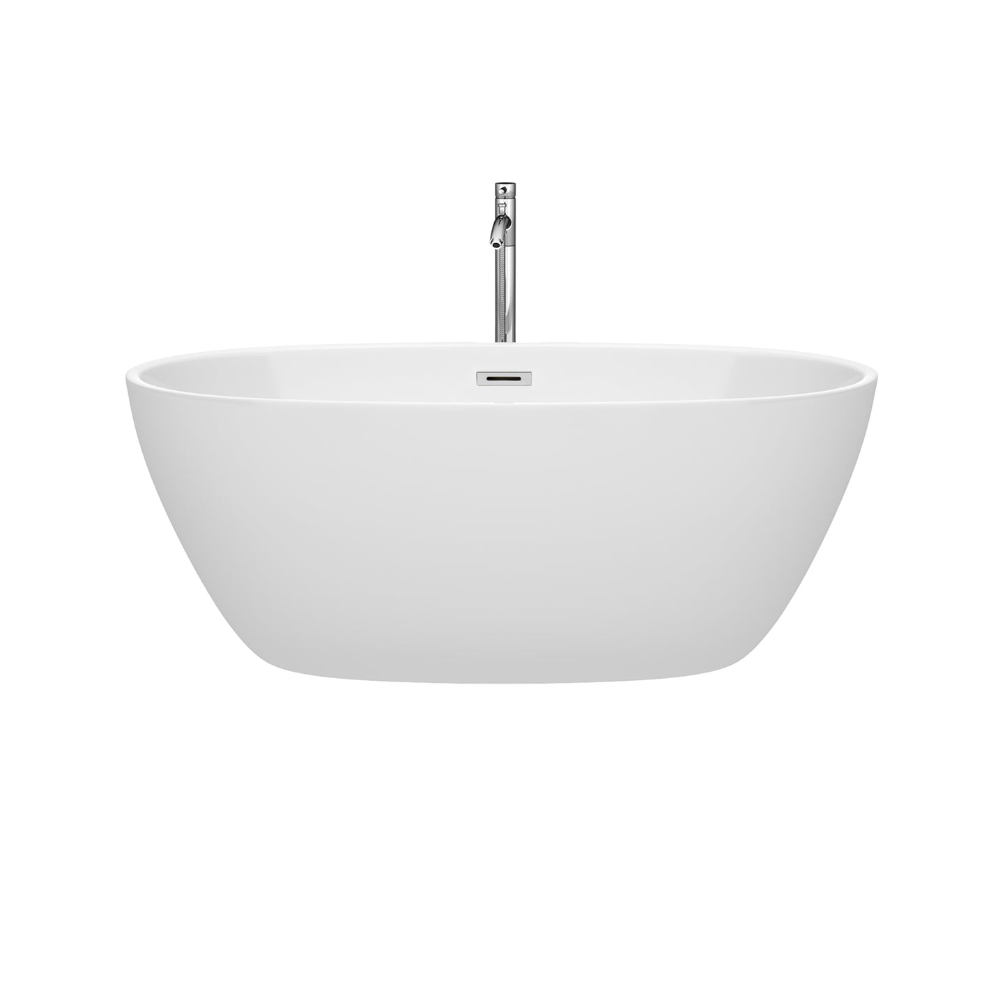 Juno 59 Inch Freestanding Bathtub in White with Floor Mounted Faucet, Drain and Overflow Trim in Polished Chrome