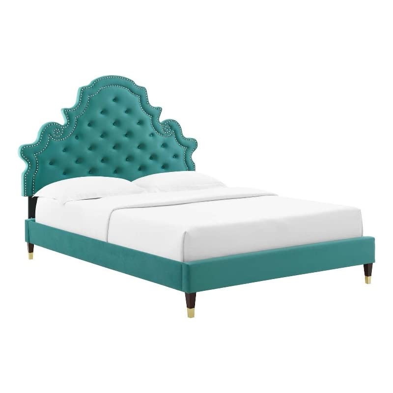 Modway Gwyneth Tufted Performance Velvet Twin Platform Bed in Teal with Wood and Gold Legs