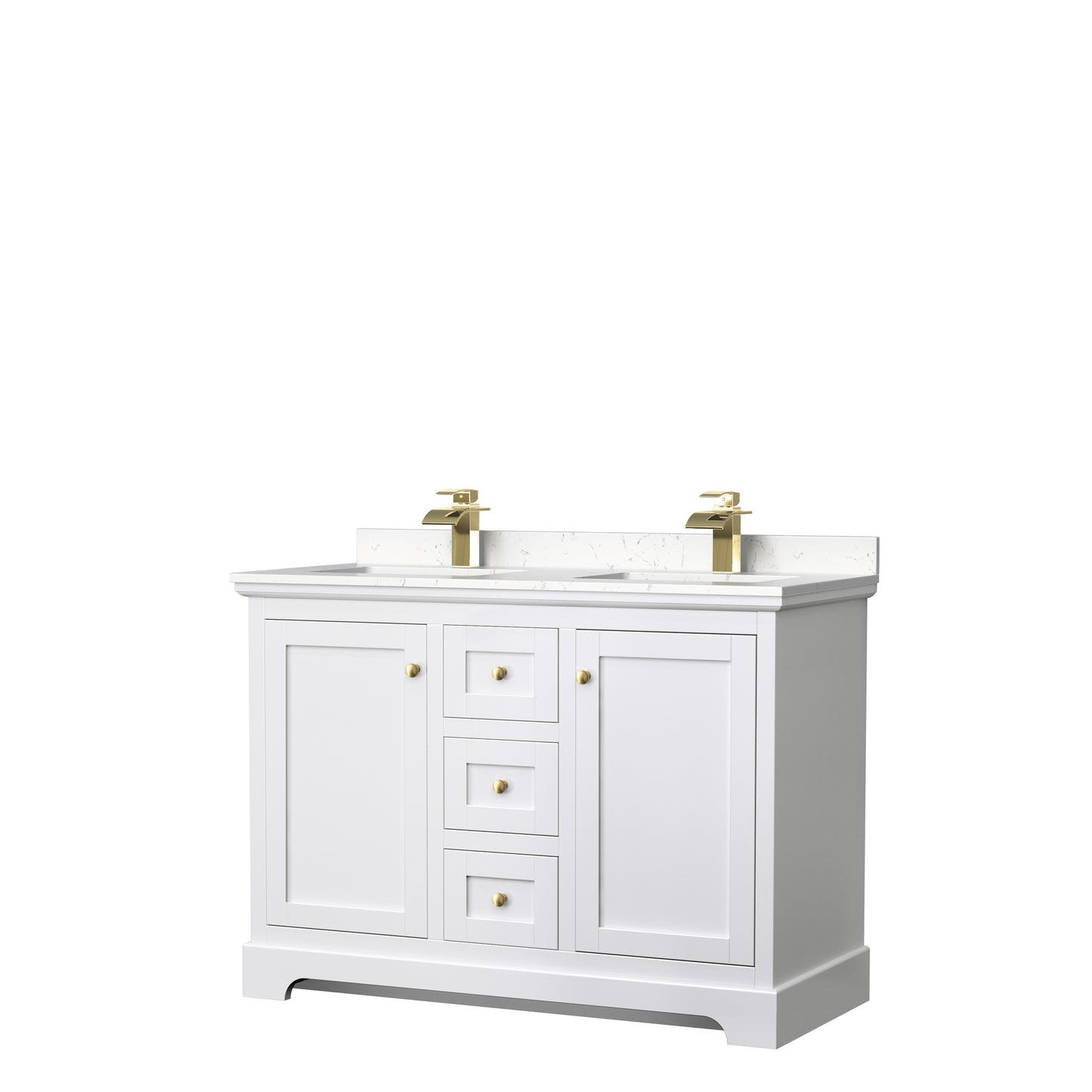 Avery 48 Inch Double Bathroom Vanity in White, Carrara Cultured Marble Countertop, Undermount Square Sinks, Brushed Gold Trim
