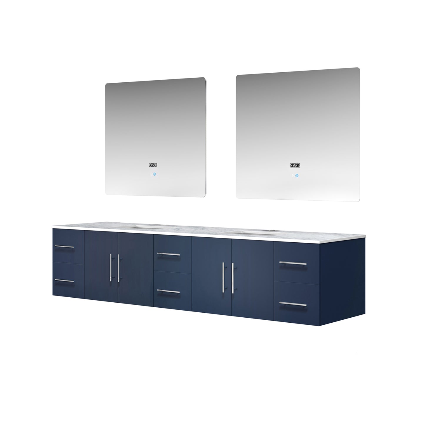 Geneva 84" Navy Blue Double Vanity, White Carrara Marble Top, White Square Sinks and 36" LED Mirrors