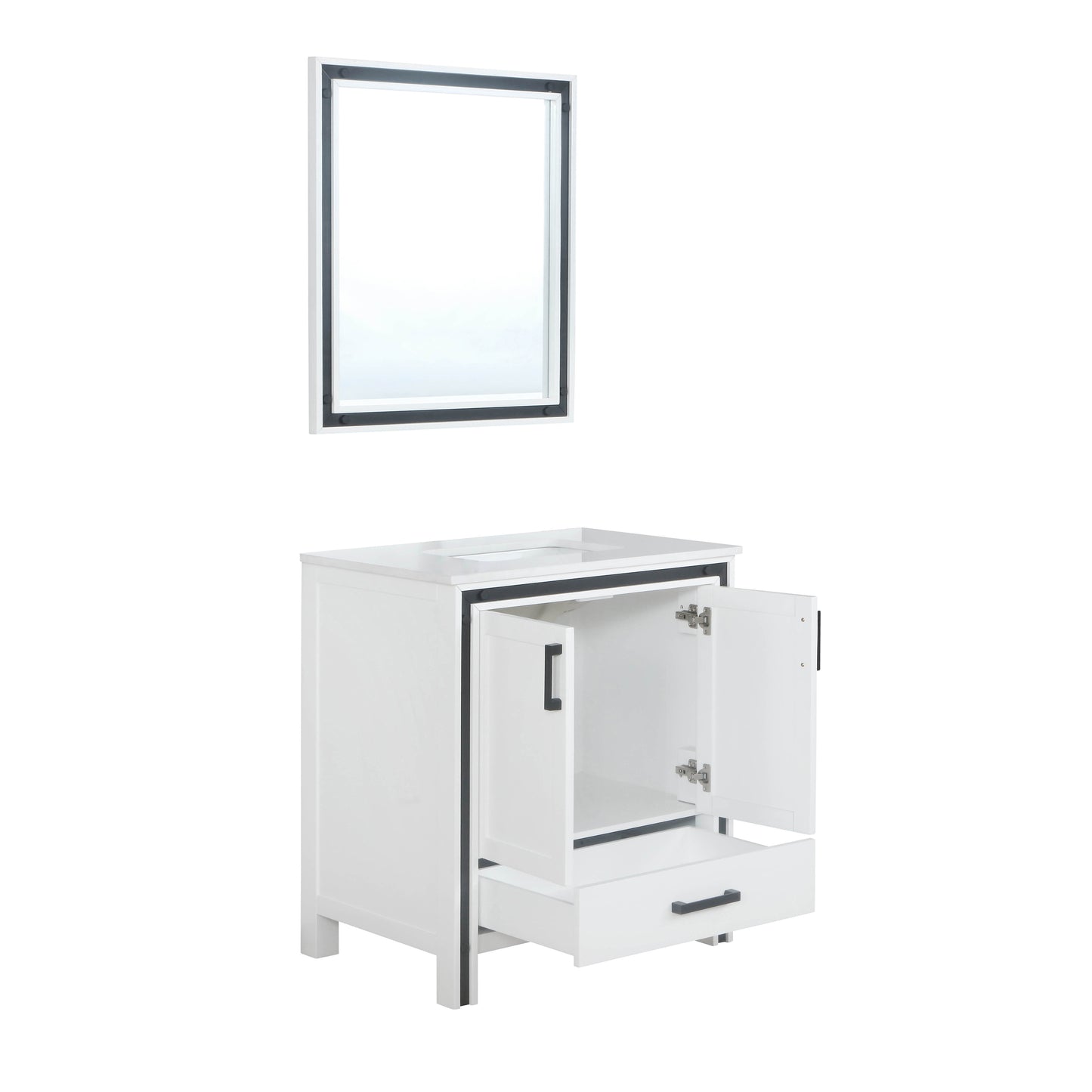 Ziva 30" White Single Vanity, Cultured Marble Top, White Square Sink and 28" Mirror