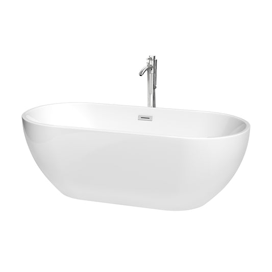 Brooklyn 67 Inch Freestanding Bathtub in White with Floor Mounted Faucet, Drain and Overflow Trim in Polished Chrome