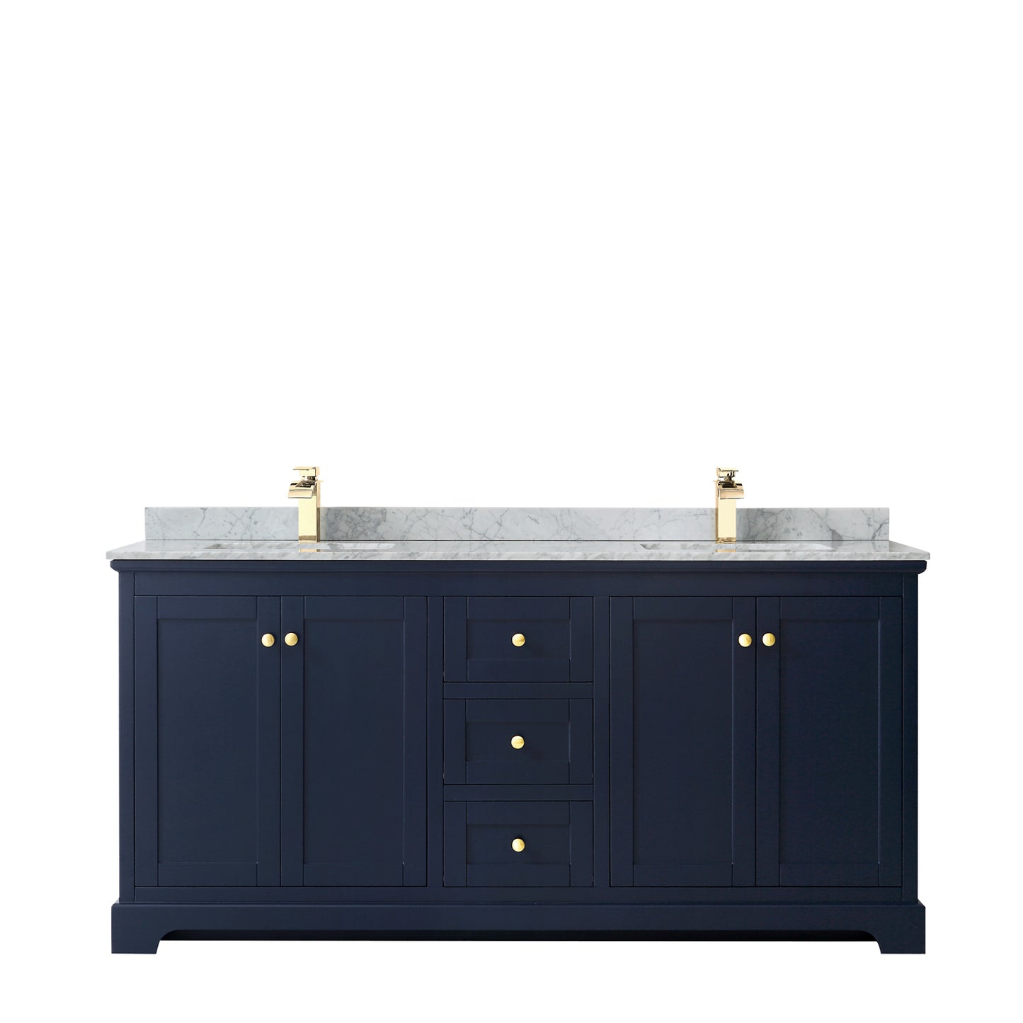 Avery 72 Inch Double Bathroom Vanity in Dark Blue, White Carrara Marble Countertop, Undermount Square Sinks, and No Mirror