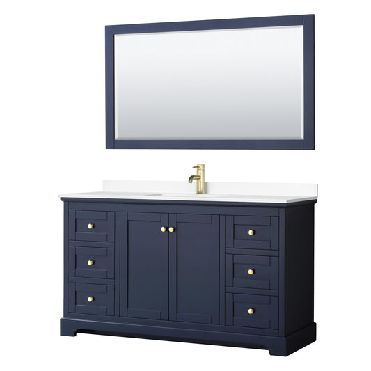 Avery 60 Inch Single Bathroom Vanity in Dark Blue, White Cultured Marble Countertop, Undermount Square Sink, 58 Inch Mirror