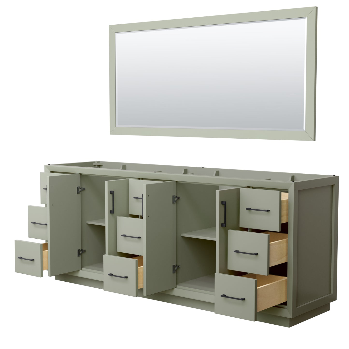 Strada 84 Inch Double Bathroom Vanity in Light Green, No Countertop, No Sink, Matte Black Trim, 70 Inch Mirror