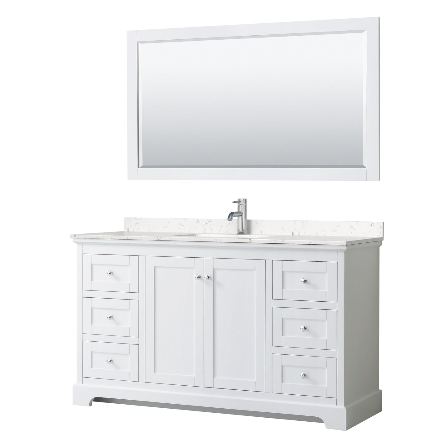 Avery 60 Inch Single Bathroom Vanity in White, Carrara Cultured Marble Countertop, Undermount Square Sink, 58 Inch Mirror