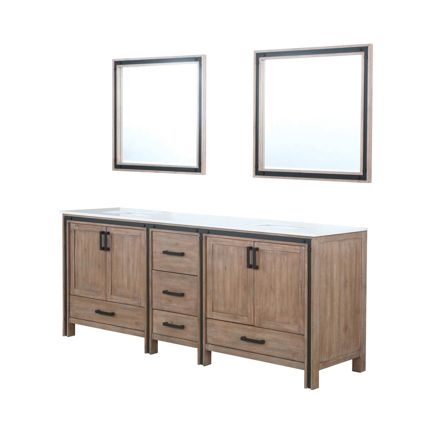 Ziva 84" Rustic Barnwood Double Vanity, Cultured Marble Top, White Square Sink and 34" Mirrors