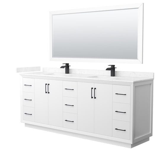 Strada 84 Inch Double Bathroom Vanity in White, Carrara Cultured Marble Countertop, Undermount Square Sink, Matte Black Trim, 70 Inch Mirror