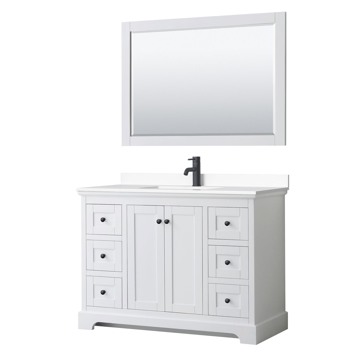 Avery 48 Inch Single Bathroom Vanity in White, White Cultured Marble Countertop, Undermount Square Sink, Matte Black Trim, 46 Inch Mirror