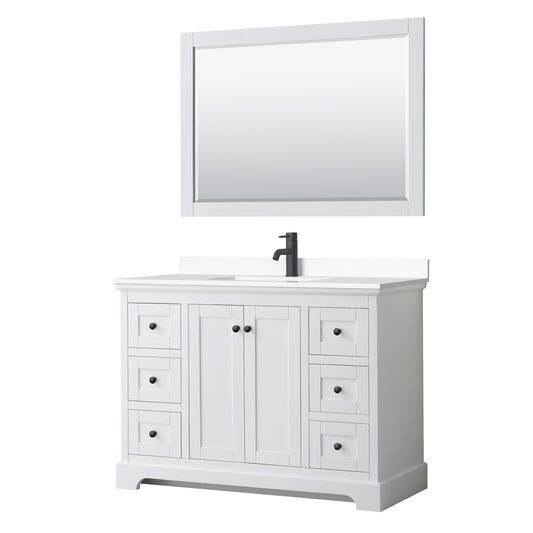 Avery 48 Inch Single Bathroom Vanity in White, White Cultured Marble Countertop, Undermount Square Sink, Matte Black Trim, 46 Inch Mirror