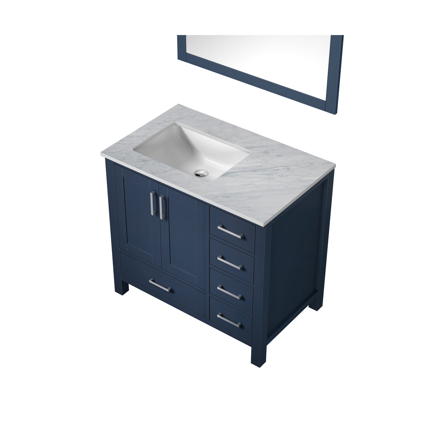 Jacques 36" Navy Blue Single Vanity, White Carrara Marble Top, White Square Sink and 34" Mirror - Left Version
