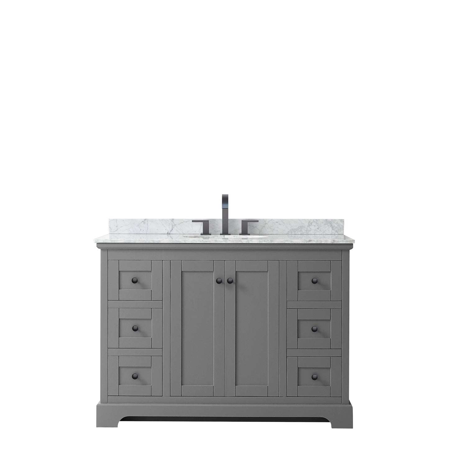 Avery 48 Inch Single Bathroom Vanity in Dark Gray, White Carrara Marble Countertop, Undermount Oval Sink, Matte Black Trim