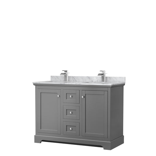 Avery 48 Inch Double Bathroom Vanity in Dark Gray, White Carrara Marble Countertop, Undermount Square Sinks, No Mirror