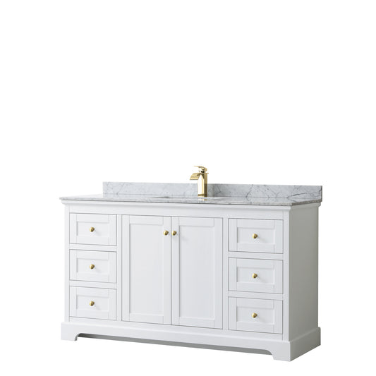 Avery 60 Inch Single Bathroom Vanity in White, White Carrara Marble Countertop, Undermount Square Sink, Brushed Gold Trim