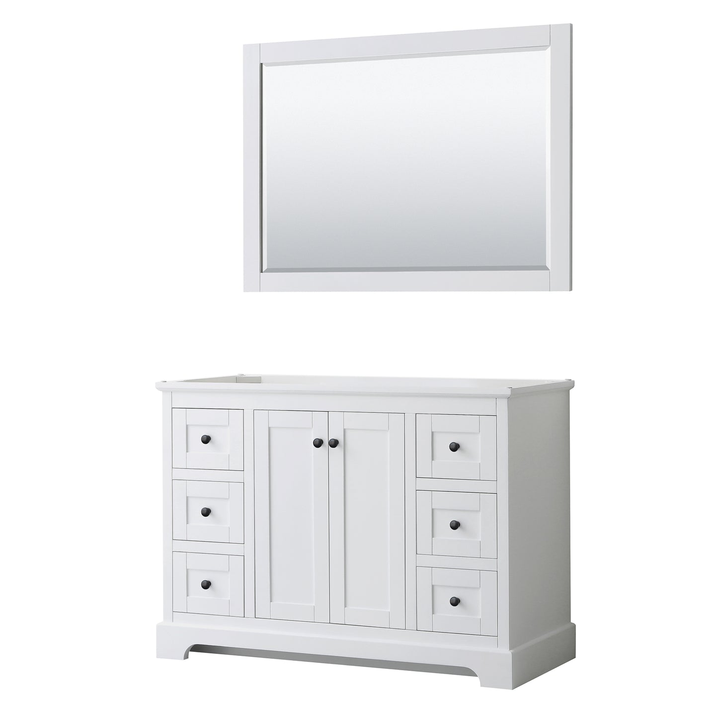 Avery 48 Inch Single Bathroom Vanity in White, No Countertop, No Sink, Matte Black Trim, 46 Inch Mirror