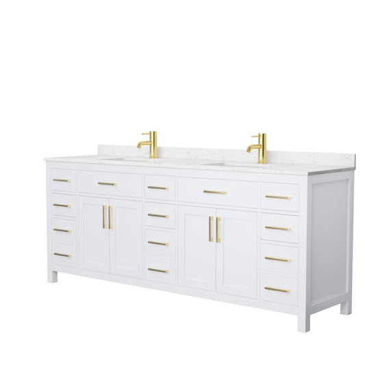 Beckett 84 Inch Double Bathroom Vanity in White, Carrara Cultured Marble Countertop, Undermount Square Sinks, Brushed Gold Trim