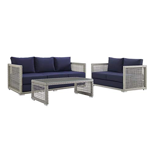 Modway EEI-3598-GRY-NAV-SET Aura Outdoor Patio Wicker Rattan, Sofa, Loveseat and Coffee Table, Gray Navy