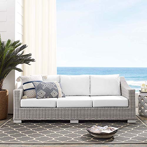Modway Conway Sunbrella Outdoor Patio Wicker Rattan Sofa, 36 x 78 x 28, Light Gray White