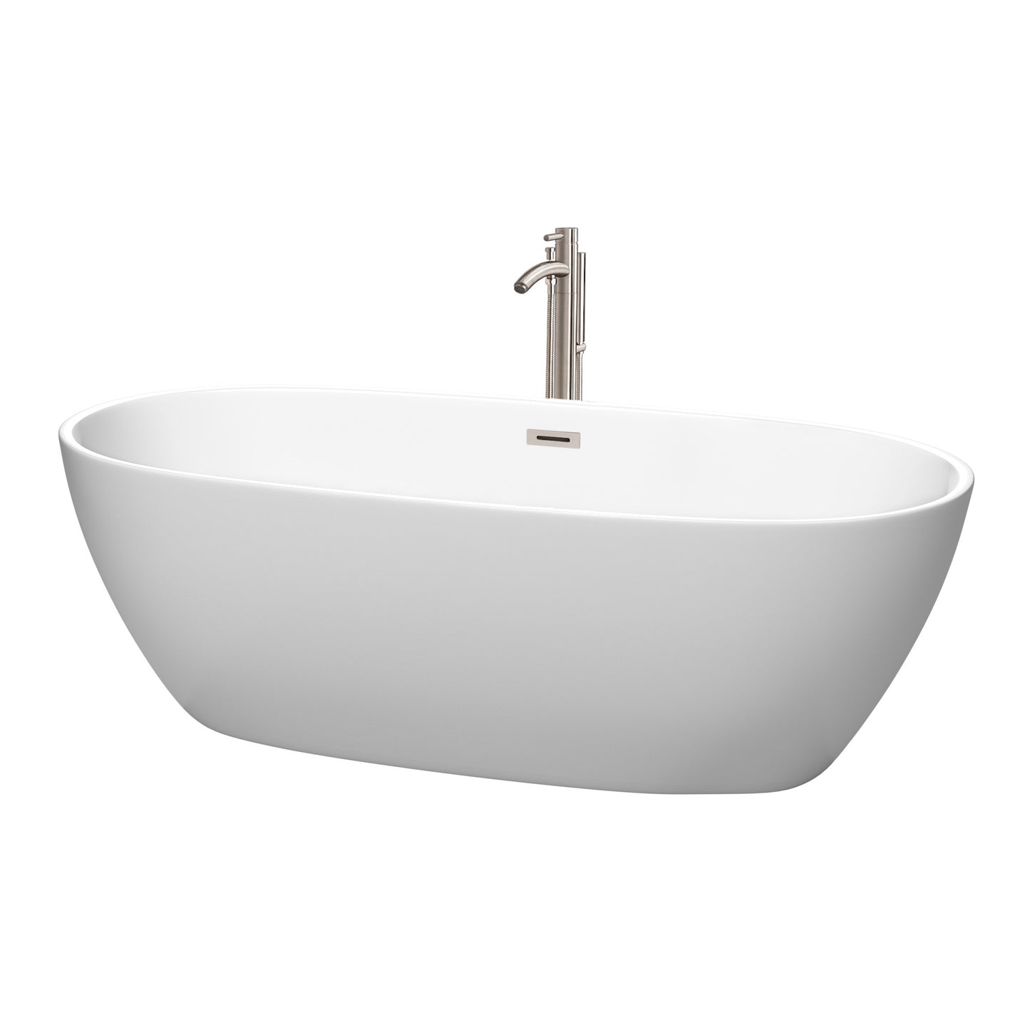 Juno 71 Inch Freestanding Bathtub in Matte White with Floor Mounted Faucet, Drain and Overflow Trim in Brushed Nickel