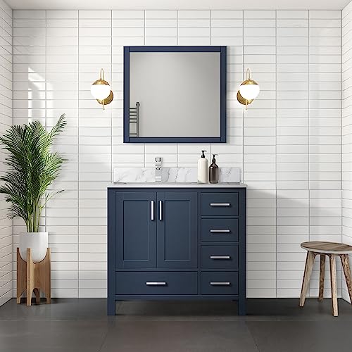 Lexora Jacques 36 in. W x 22 in. D Left Offset Navy Blue Bath Vanity, Carrara Marble Top and Faucet Set