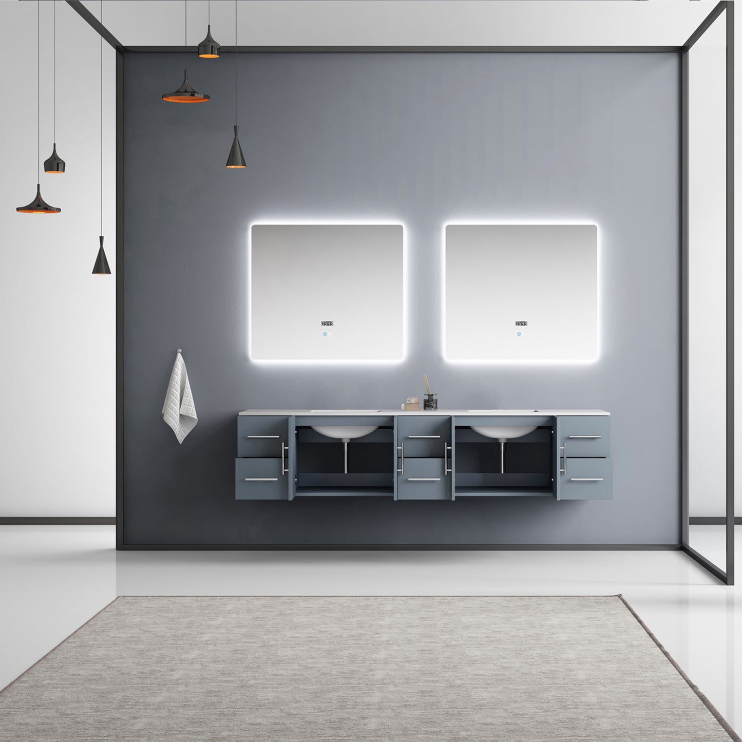 Geneva 84" Dark Grey Double Vanity, White Carrara Marble Top, White Square Sinks and 36" LED Mirrors