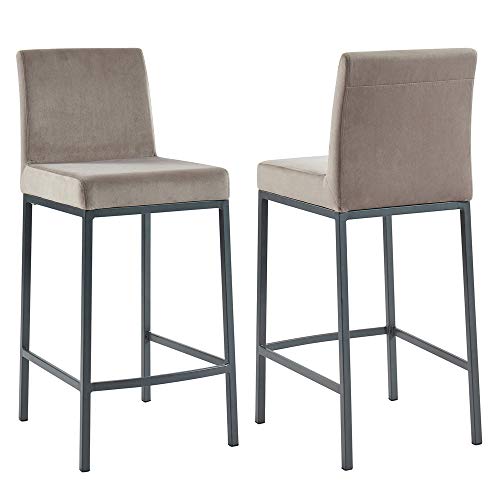 Velvet Counter Stool, Set of 2, Grey with Grey Leg