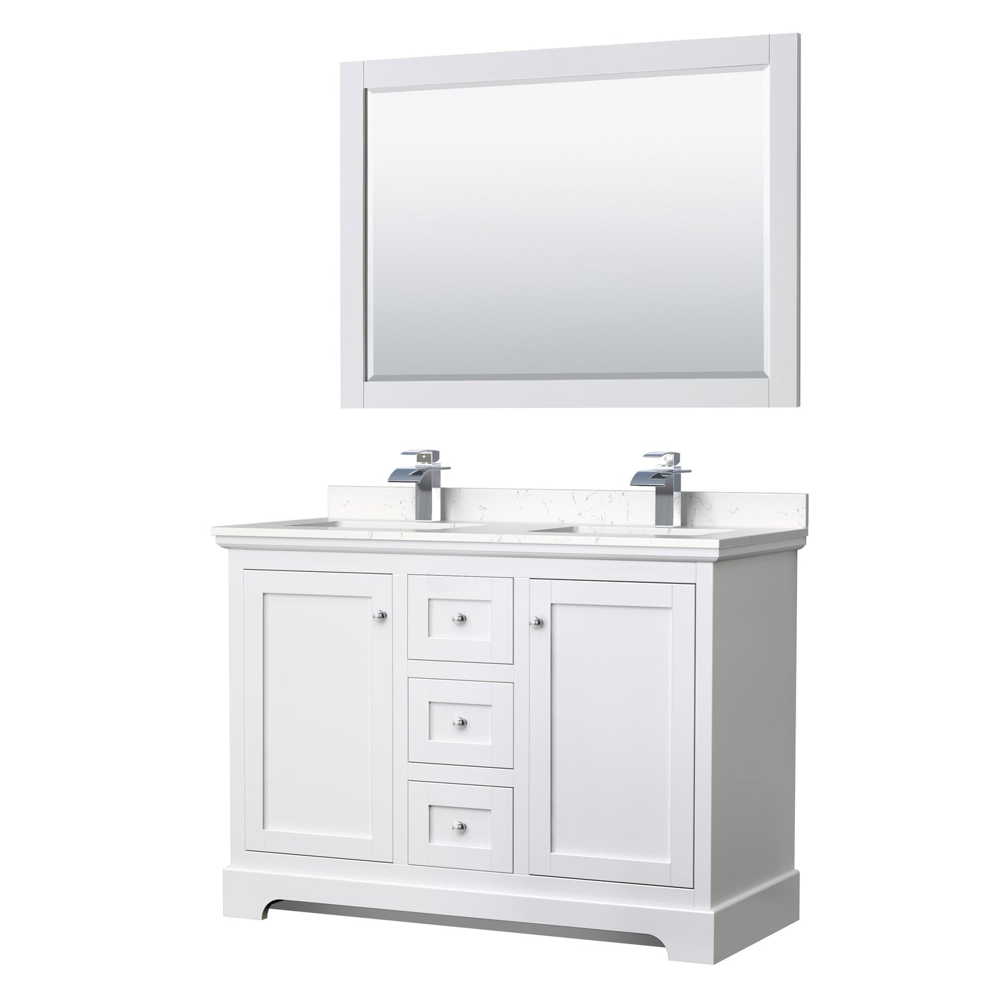 Avery 48 Inch Double Bathroom Vanity in White, Carrara Cultured Marble Countertop, Undermount Square Sinks, 46 Inch Mirror