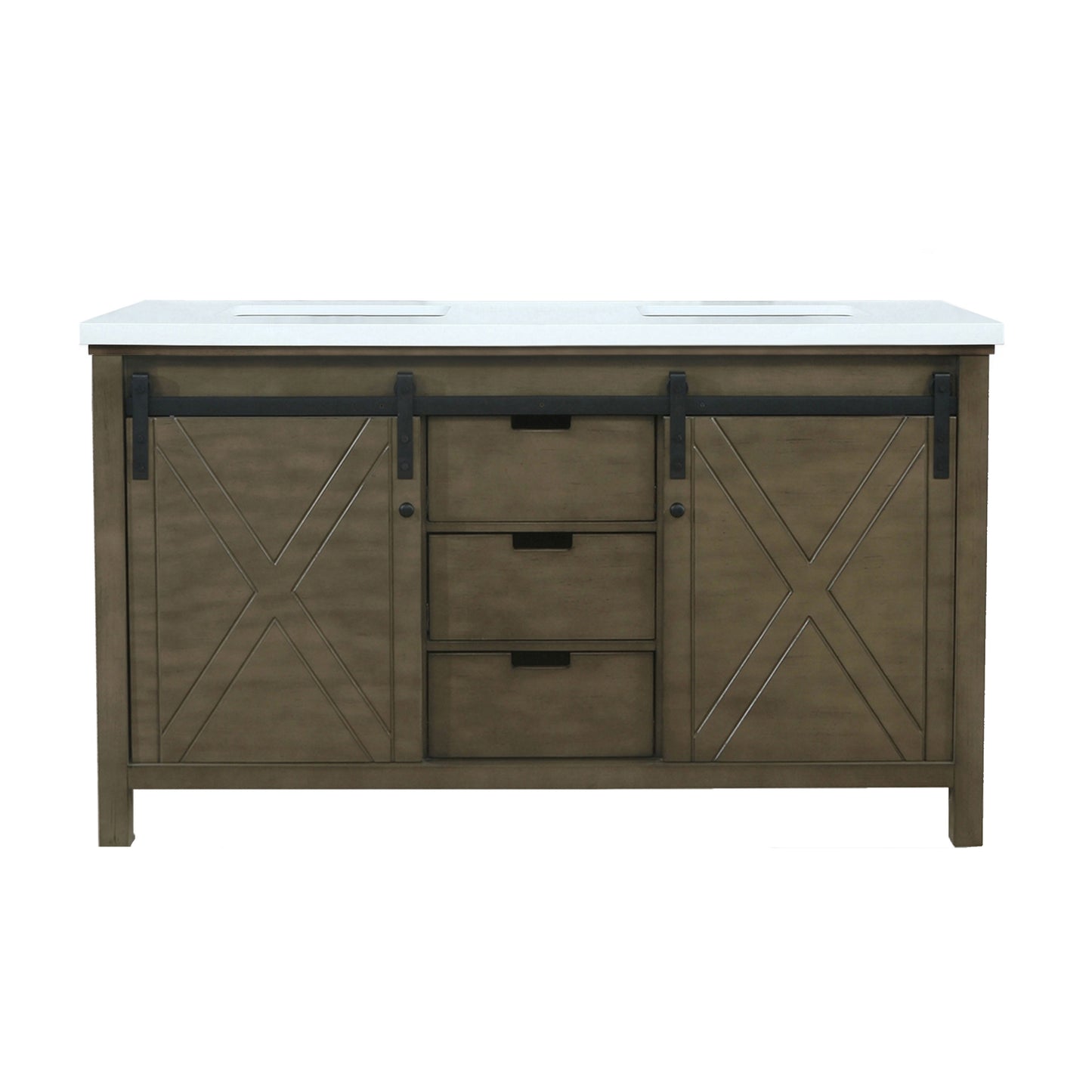 Marsyas 60" Rustic Brown Double Vanity, White Quartz Top, White Square Sinks and no Mirror