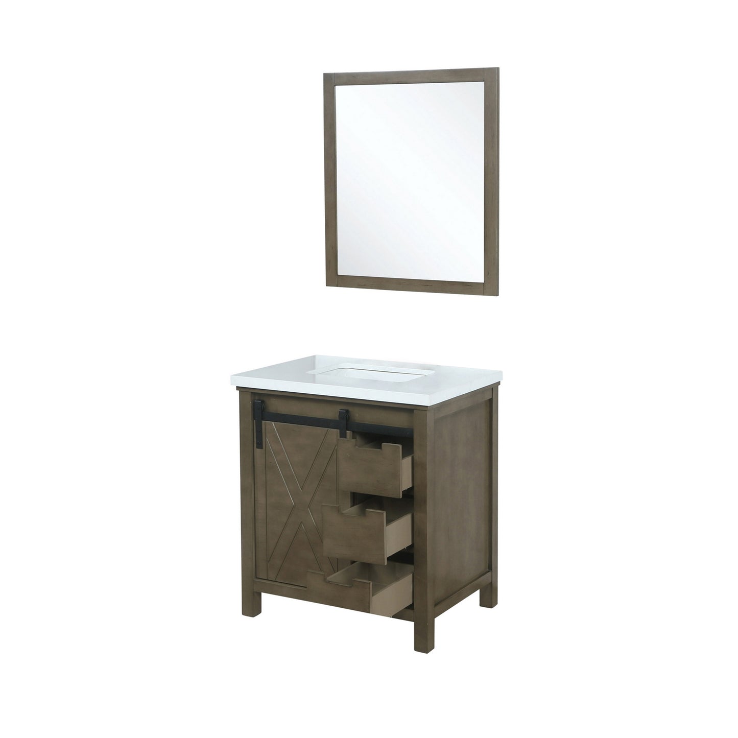 Marsyas 30" Rustic Brown Single Vanity, White Quartz Top, White Square Sink and 28" Mirror
