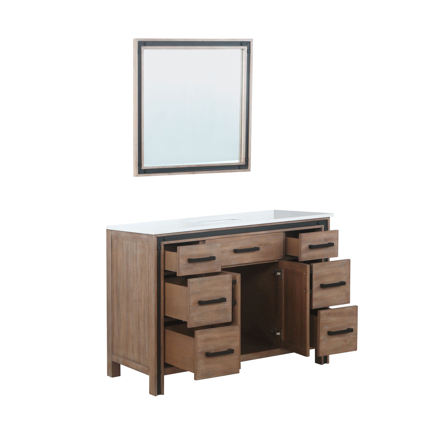 Ziva 48" Rustic Barnwood Single Vanity, Cultured Marble Top, White Square Sink and 34" Mirror