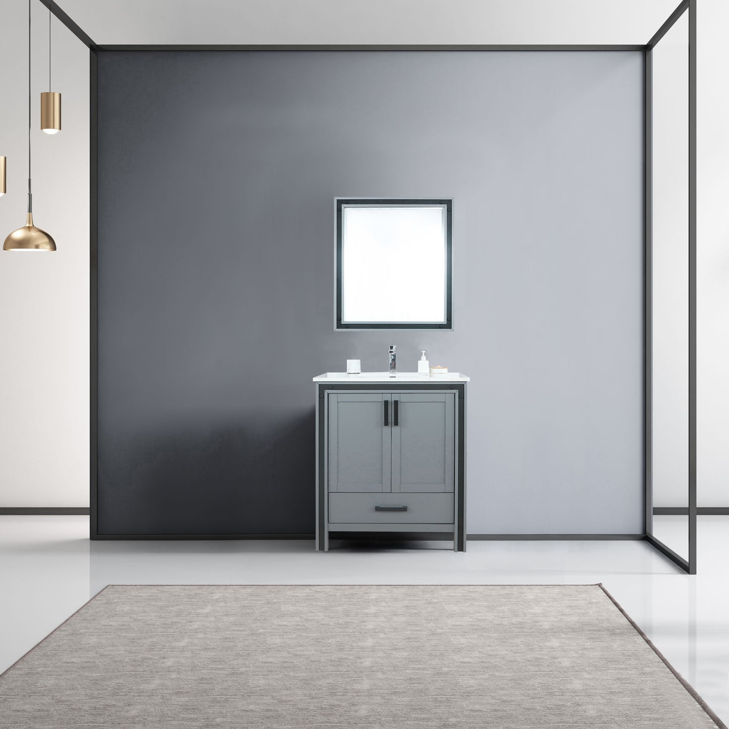 Ziva 30" Dark Grey Single Vanity, Cultured Marble Top, White Square Sink and 28" Mirror w/ Faucet