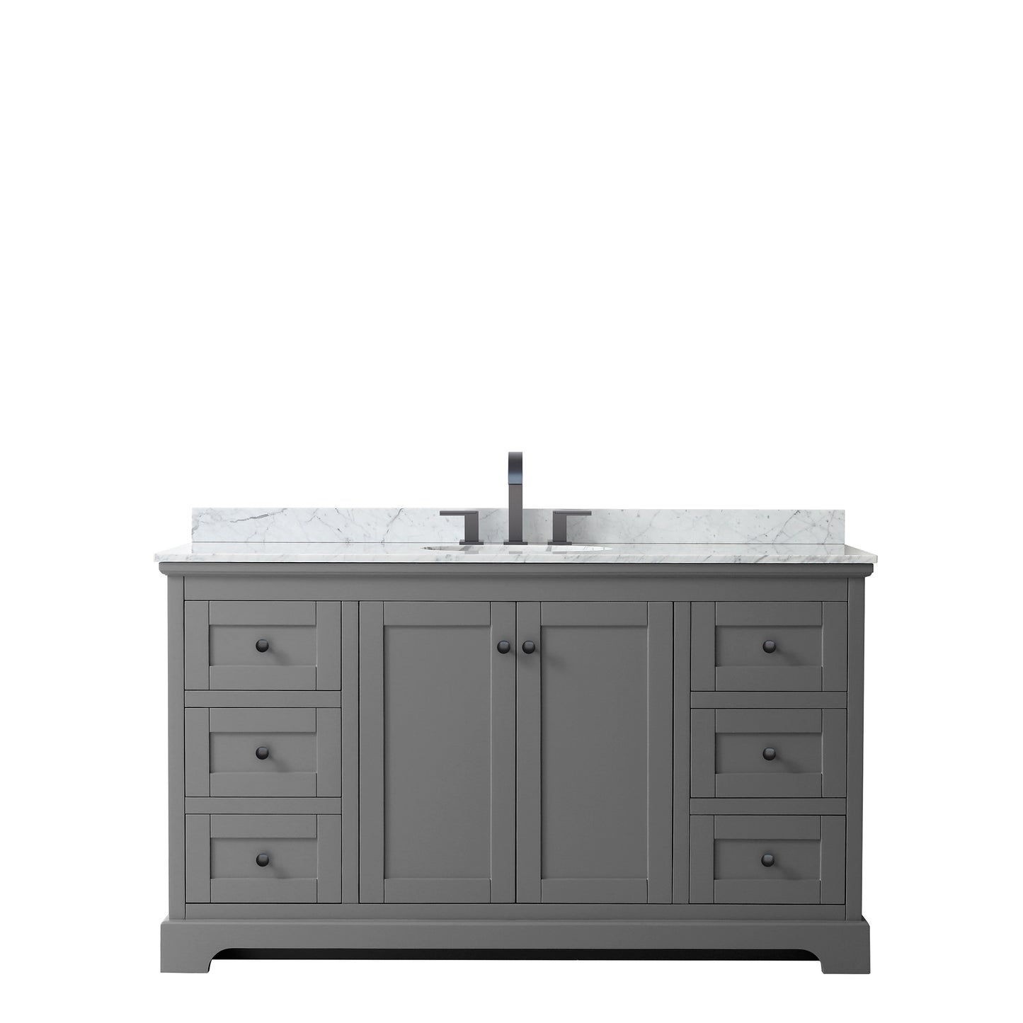 Avery 60 Inch Single Bathroom Vanity in Dark Gray, White Carrara Marble Countertop, Undermount Oval Sink, Matte Black Trim