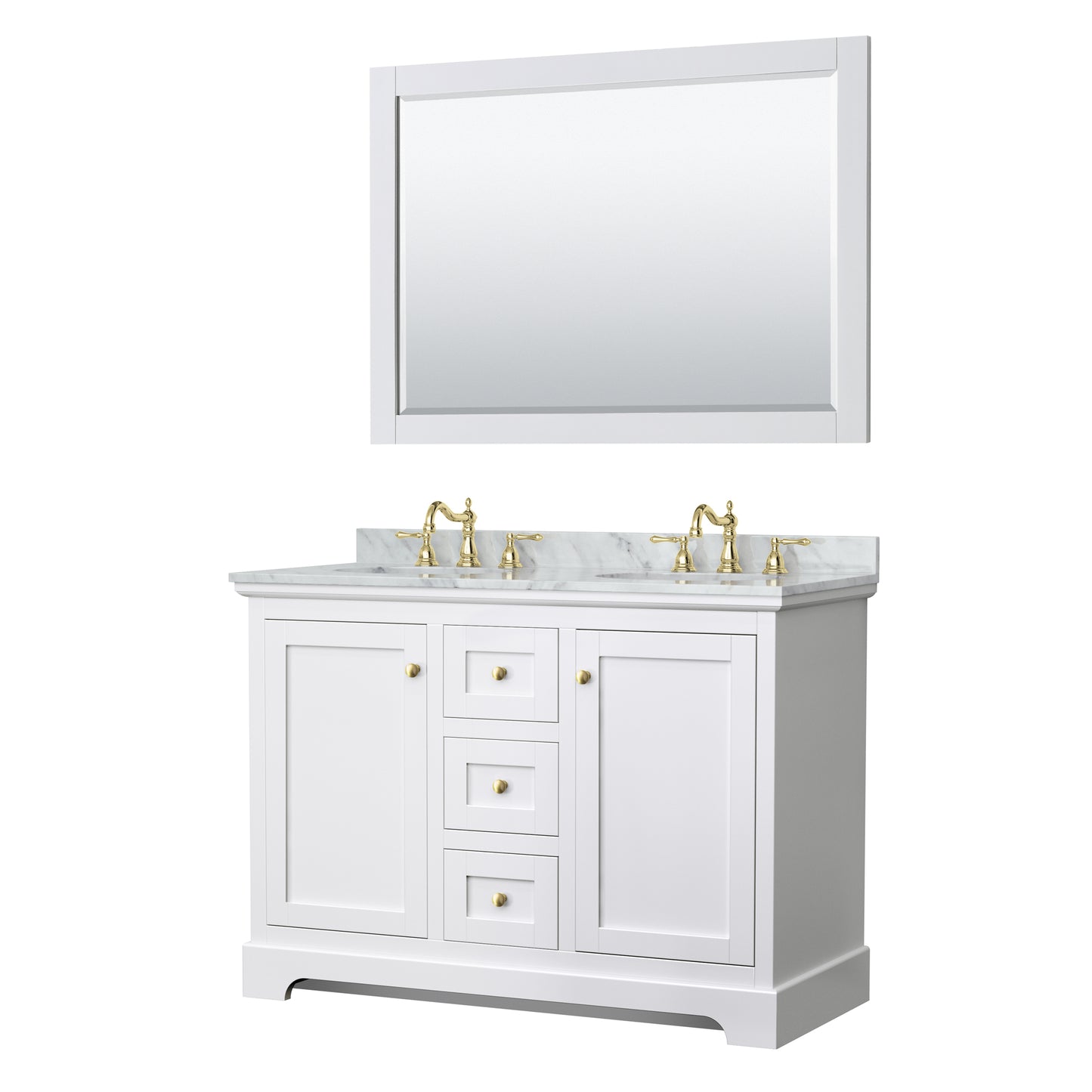 Avery 48 Inch Double Bathroom Vanity in White, White Carrara Marble Countertop, Undermount Oval Sinks, 46 Inch Mirror, Brushed Gold Trim