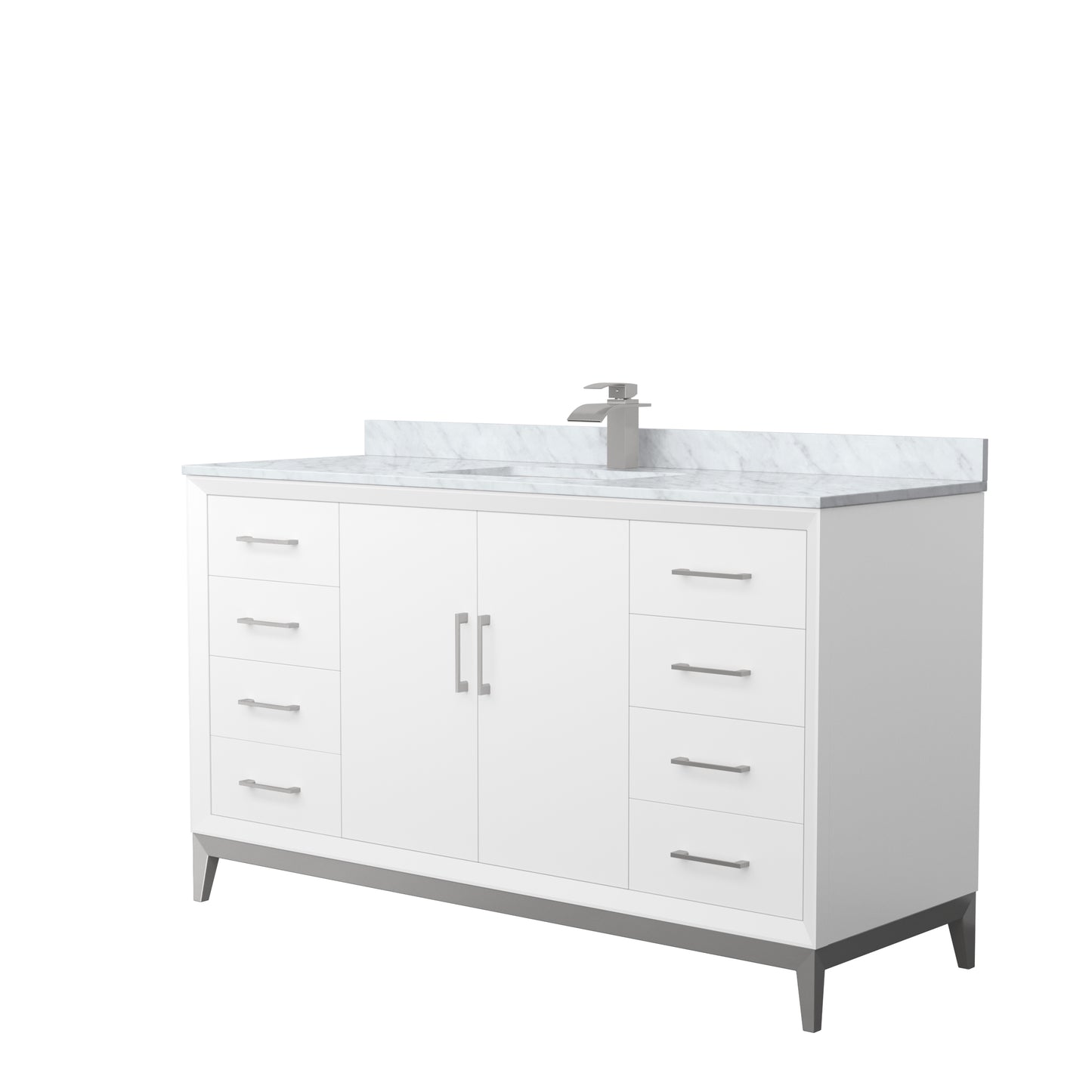 Amici 60 Inch Single Bathroom Vanity in White, White Carrara Marble Countertop, Undermount Square Sink, Brushed Nickel Trim