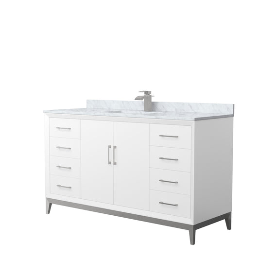 Amici 60 Inch Single Bathroom Vanity in White, White Carrara Marble Countertop, Undermount Square Sink, Brushed Nickel Trim