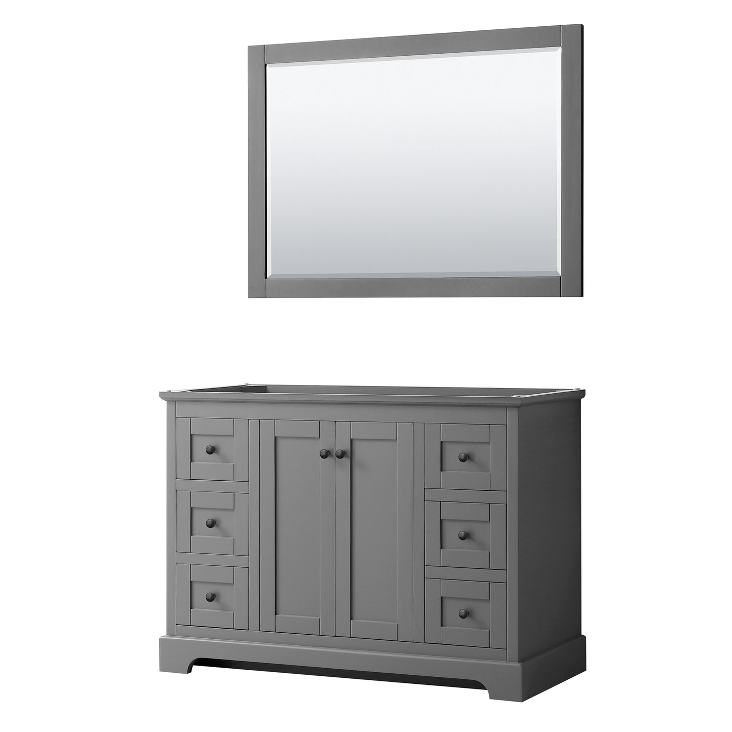 Avery 48 Inch Single Bathroom Vanity in Dark Gray, No Countertop, No Sink, Matte Black Trim, 46 Inch Mirror