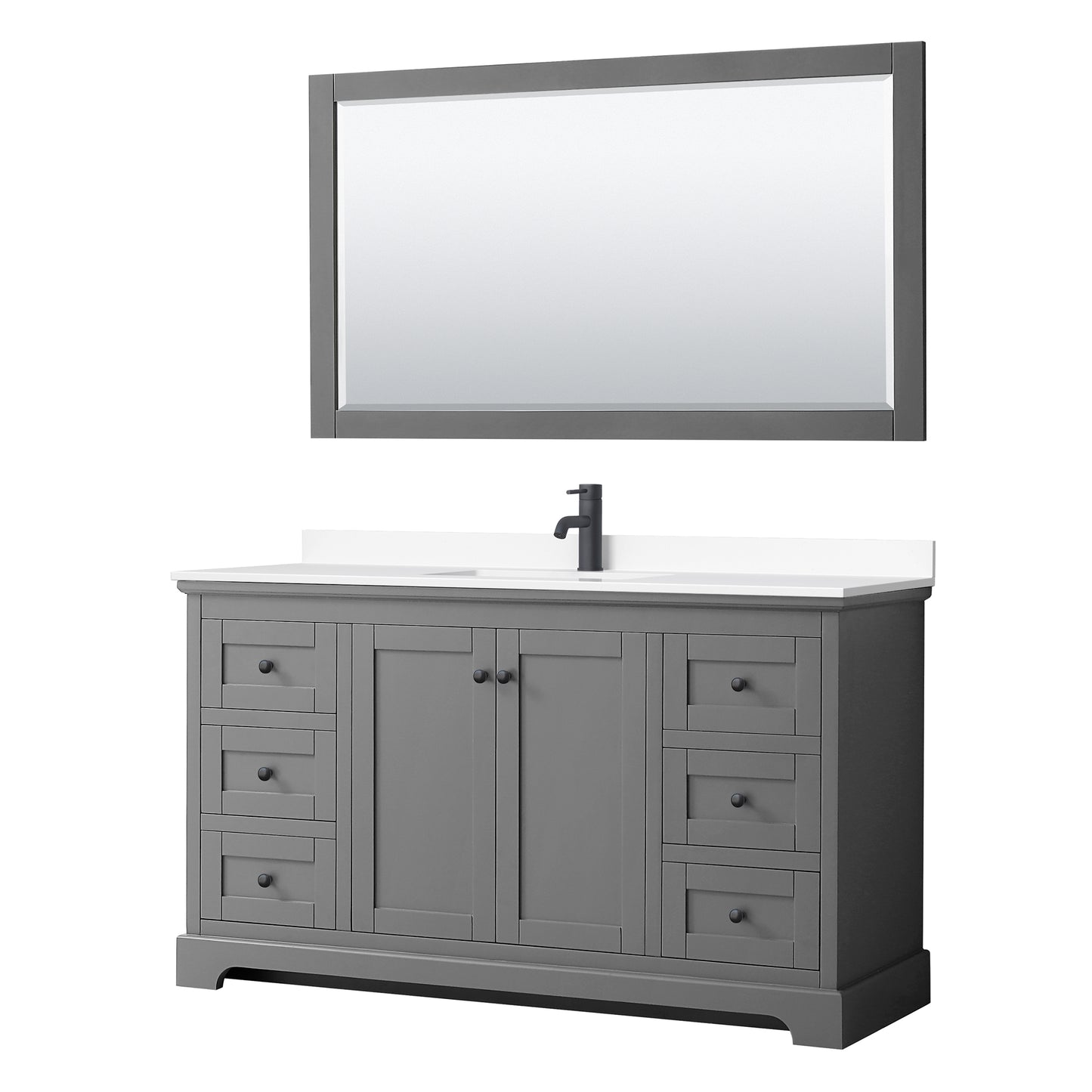 Avery 60 Inch Single Bathroom Vanity in Dark Gray, White Cultured Marble Countertop, Undermount Square Sink, Matte Black Trim, 58 Inch Mirror