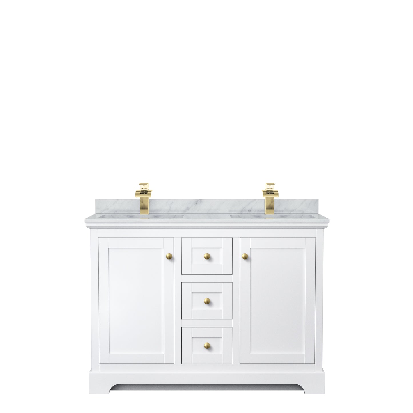 Avery 48 Inch Double Bathroom Vanity in White, White Carrara Marble Countertop, Undermount Square Sinks, Brushed Gold Trim