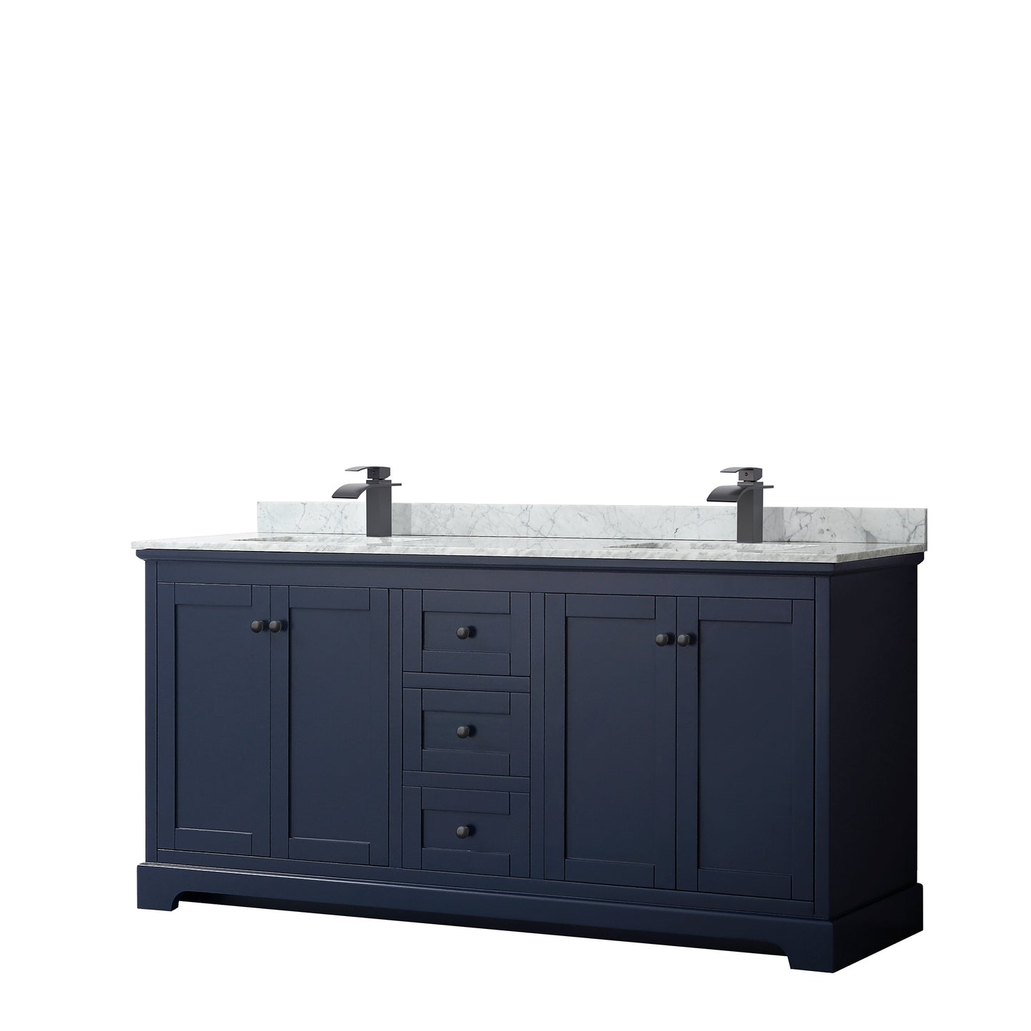 Avery 72 Inch Double Bathroom Vanity in Dark Blue, White Carrara Marble Countertop, Undermount Square Sinks, Matte Black Trim