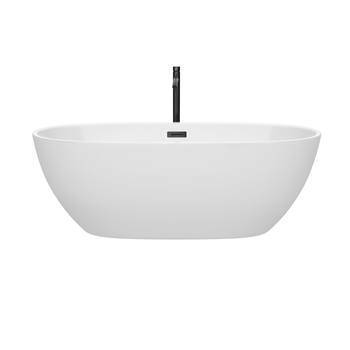 Juno 67 Inch Freestanding Bathtub in White with Floor Mounted Faucet, Drain and Overflow Trim in Matte Black