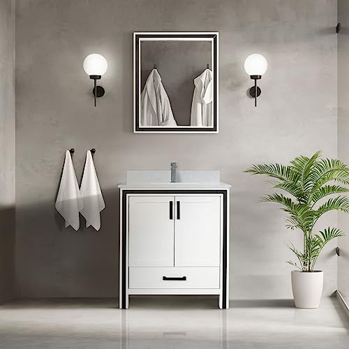 Lexora Ziva Bath Vanity, White Quartz Top, Faucet Set and 28 in Mirror