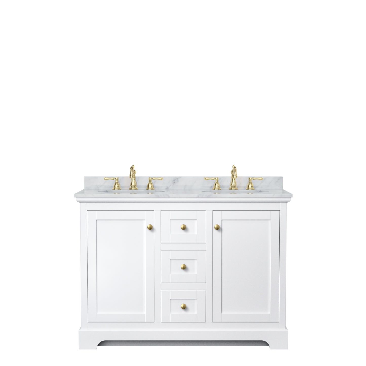 Avery 48 Inch Double Bathroom Vanity in White, White Carrara Marble Countertop, Undermount Oval Sinks, Brushed Gold Trim
