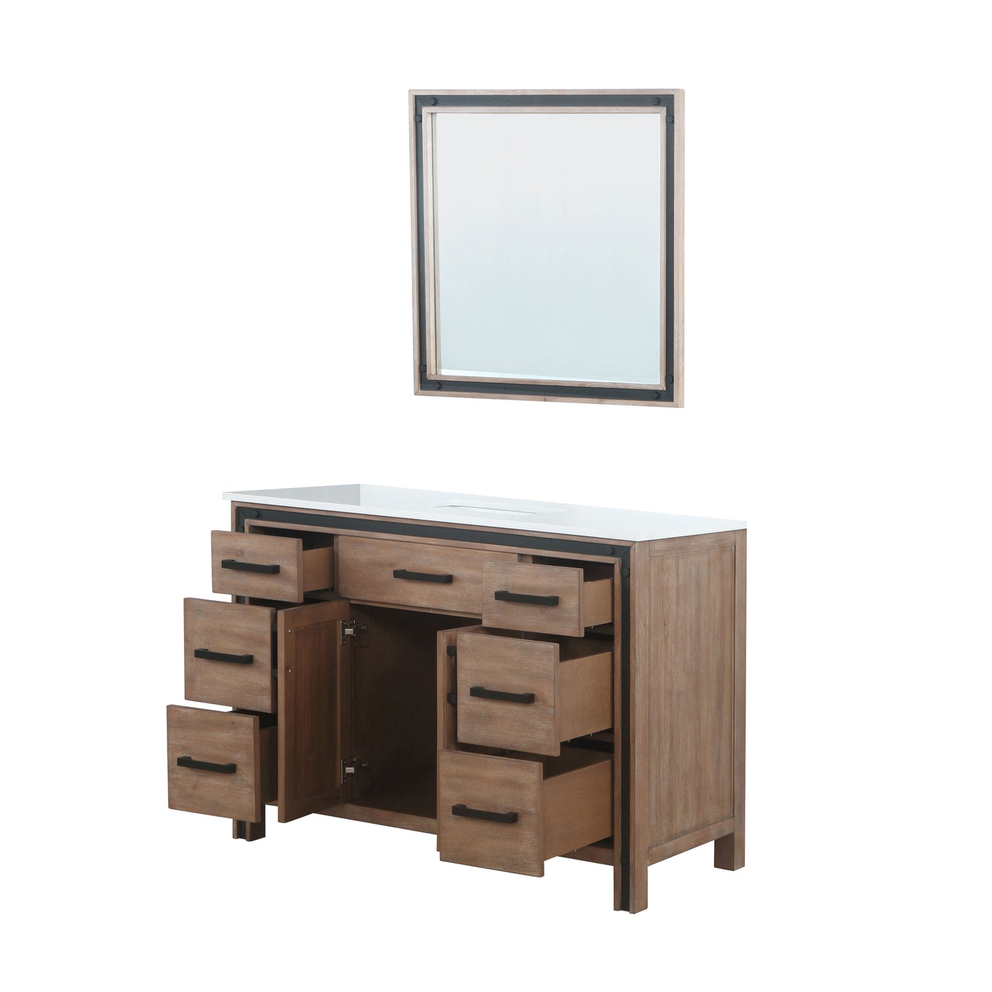 Ziva 48" Rustic Barnwood Single Vanity, Cultured Marble Top, White Square Sink and 34" Mirror