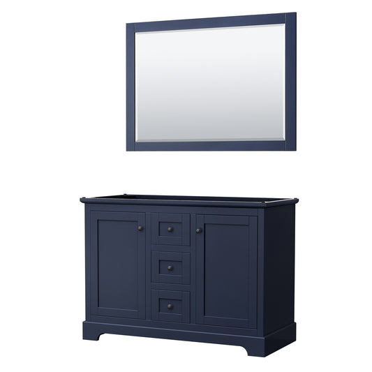 Avery 48 Inch Double Bathroom Vanity in Dark Blue, No Countertop, No Sinks, Matte Black Trim, 46 Inch Mirror