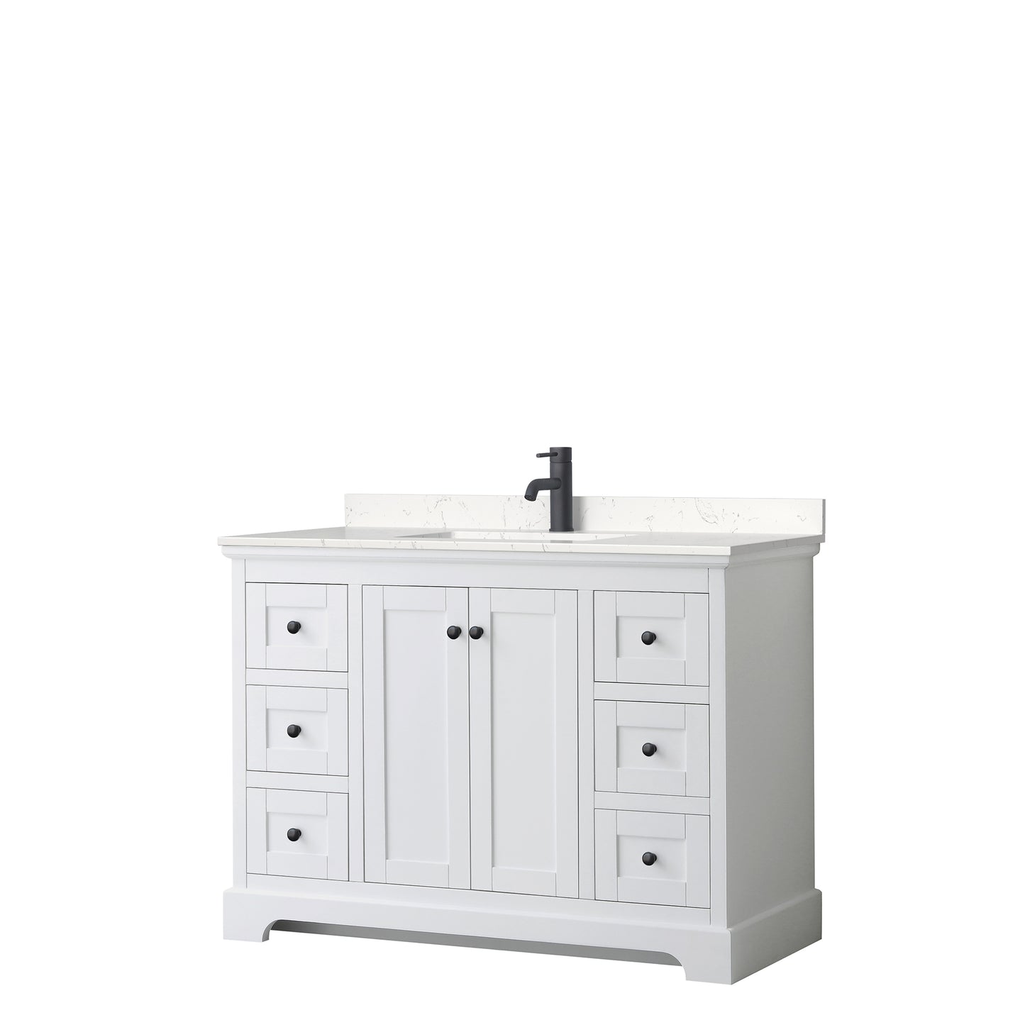 Avery 48 Inch Single Bathroom Vanity in White, Carrara Cultured Marble Countertop, Undermount Square Sink, Matte Black Trim